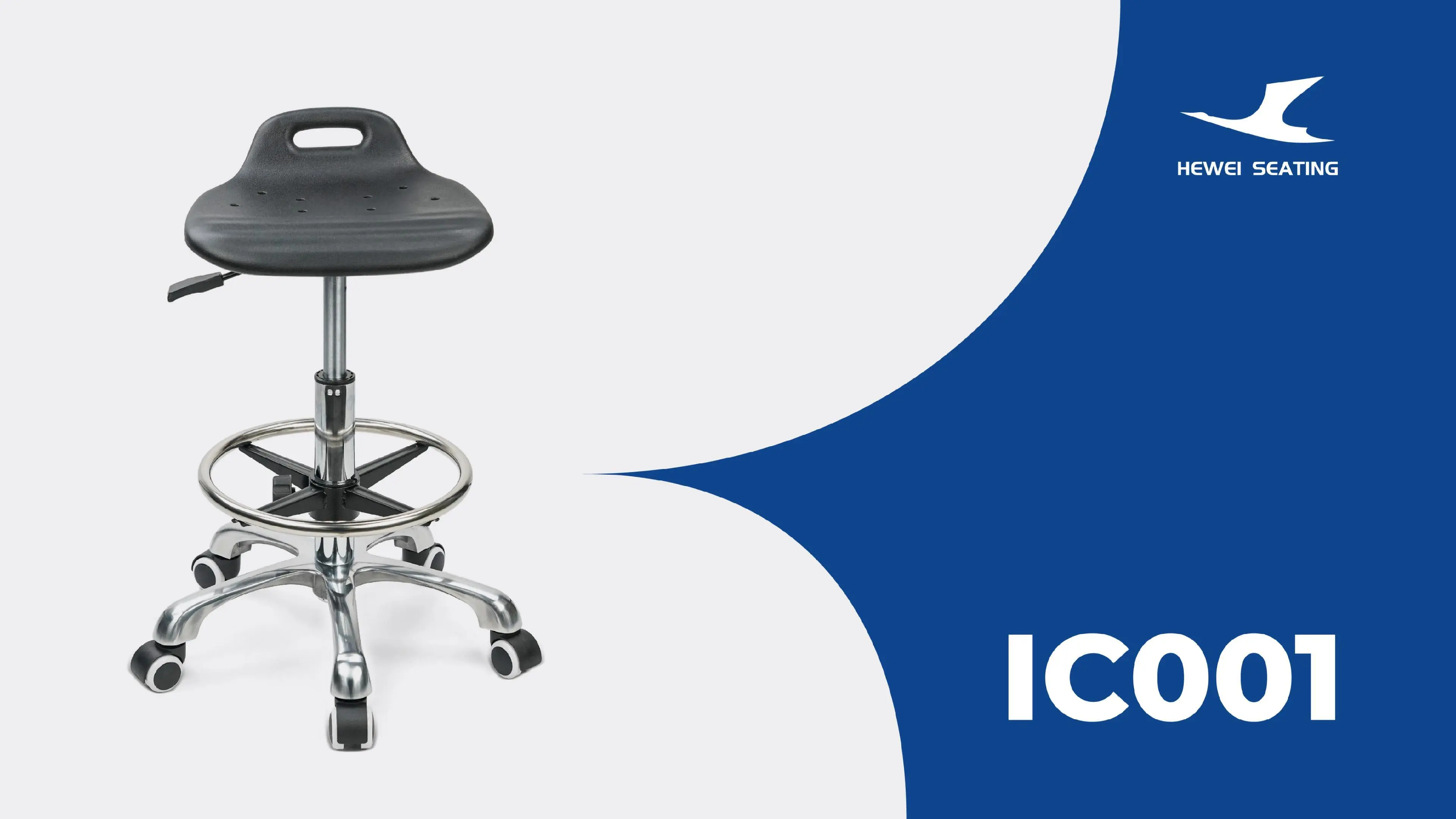 Scaun de laborator de poliuretan reglabil cu inel de picior crom și IC anti-static din aluminiu-bazat001 1